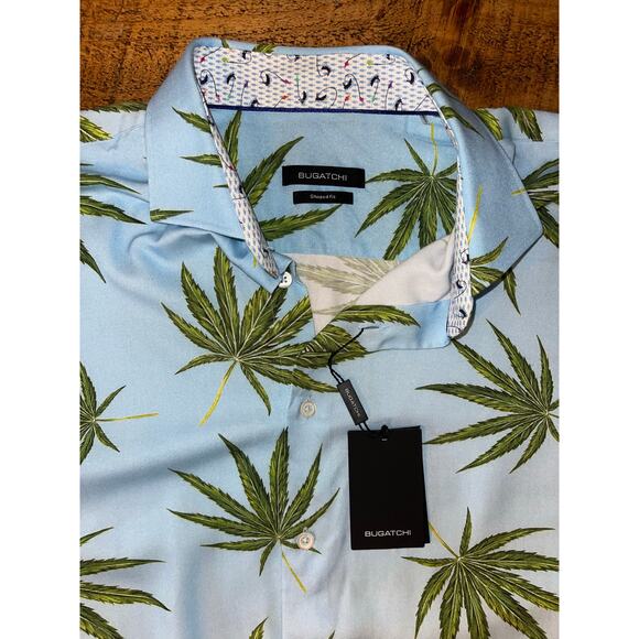 NWT Mens Bugatchi Blue Green Leaf Tropical Print Long Sleeve Button Down Size XL - Picture 2 of 10